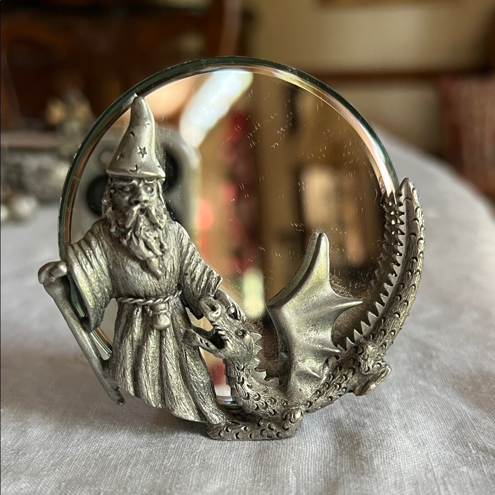 Vintage Pewter Spoontiques 7397 Wizard and Dragon Mirror Decor.